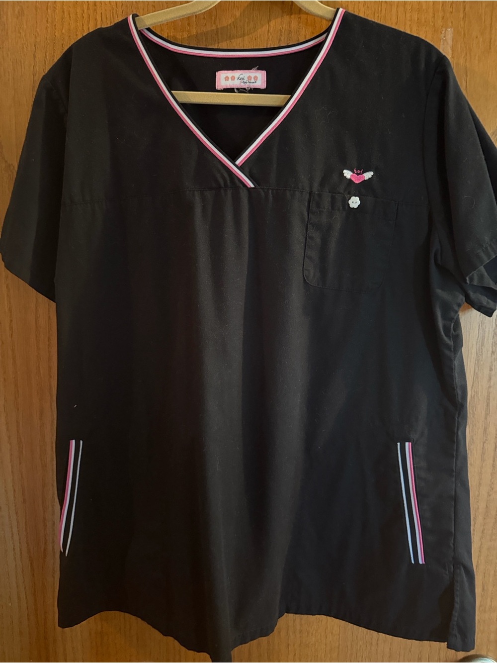 Koi Black V-Neck Medical Scrub Top with Pink Trim